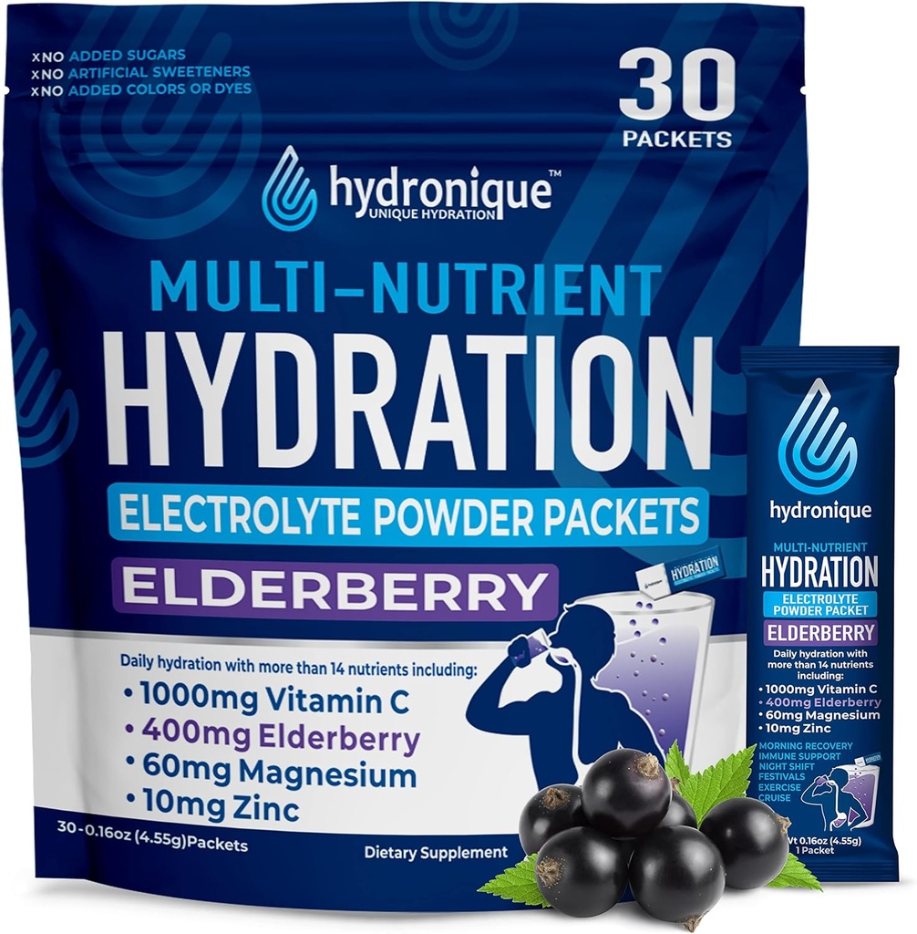 Hidronique Hydration Packets | Low sodyum Electrolytes Toz | 54 mg sodyum | Vitaminler, Mineraller, Antioksiler | Yaşlı Flavor (30 Packs)