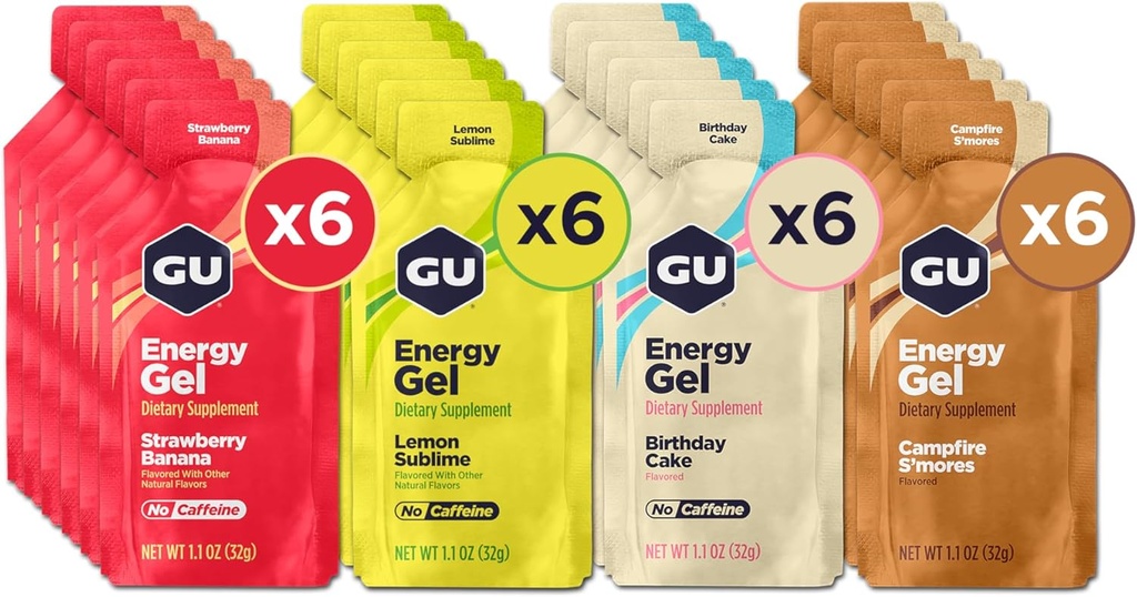 GU Energy Original Sports Nutrition Energy Gels, 24Count, Vegan, Gluten-Free, Kosher ve Dairy-Free On-Go Energy for Any Workout, Assorted Caffeine-Free Flavors Diversity Pack