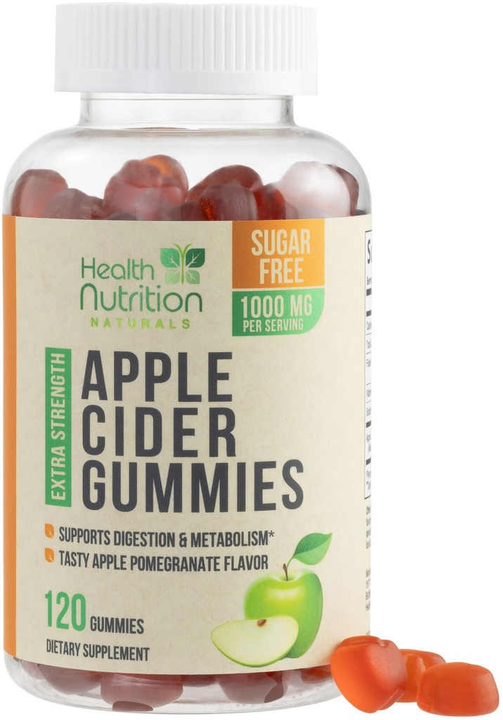 Apple Cider Vinegar Gummies 1000 mg - Max Strength Sugar Free ACV Gummy Vitamins, Supports Metabolism & Energy, Keto Friendly, B12, Gelatin-Free, Gluten-Free, Vegan & Non-GMO - 120 Gummies