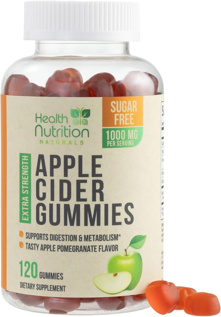 Apple Cider Vinegar Gummies 1000 mg - Max Strength Sugar Free ACV Gummy Vitamins, Supports Metabolism & Energy, Keto Friendly, B12, Gelatin-Free, Gluten-Free, Vegan & Non-GMO - 120 Gummies