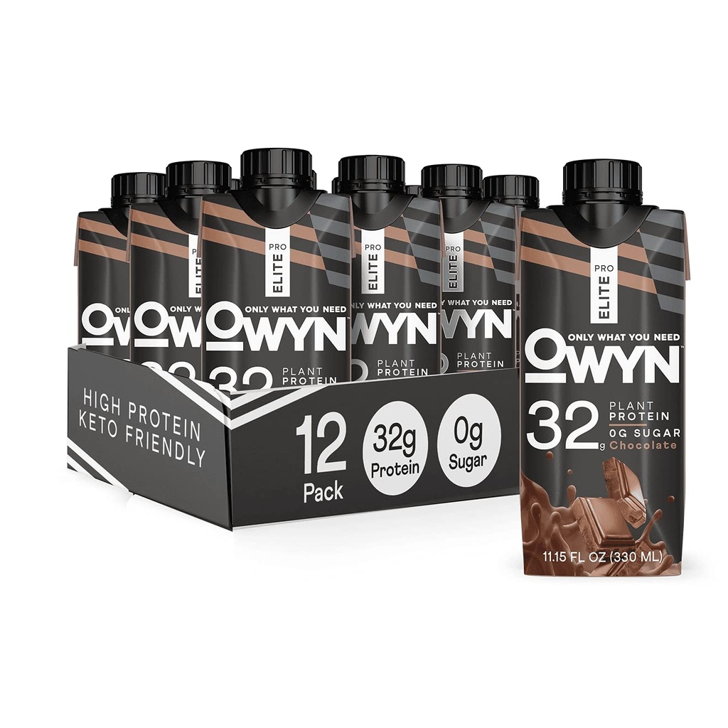 OWYN υπέρ Elite Vegan υψηλής πρωτεΐνης Shake, σοκολάτα, 32g φυτικής προέλευσης πρωτεΐνη, με Ίνες, Πρεβιοτικά, Superfoods Πράσινα, προπόνηση και ανάκτηση, 0g Net Carbs, Zero Sugar, Keto (12 Pack)
