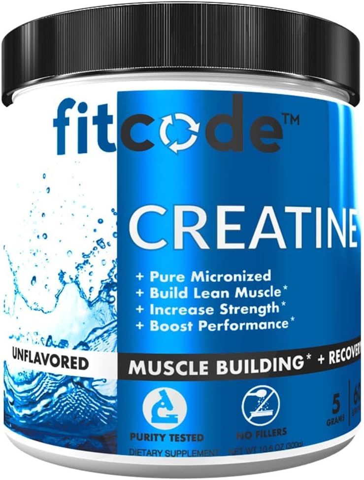 Fitcode Creatine Monohydrate 5 γραμμάρια καθαρής μικρονωμένης κρεατίνης Monohydrate for Muscle Building, Recovery, Strength & Stamina, Unflaved Powder, 60 Services