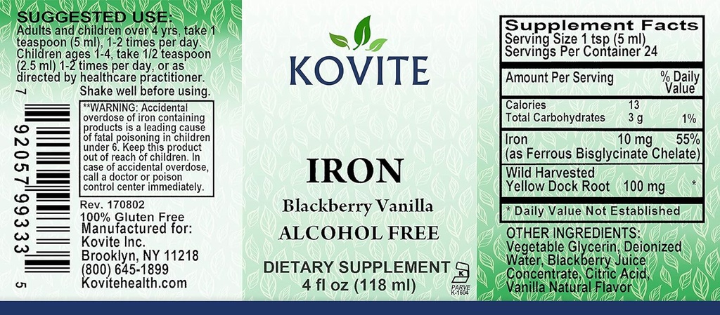 Sıvı Demir 10 mg - Nausea veya Constipation olmadan Enerji ve Kan Seviyelerini artırmak - Erkekler, Kadınlar ve Çocuklar için Sıvı Demir Durağı - BlackBerry Vanilla Flavor - 4 fl oz. Kosher Sertifikalı
