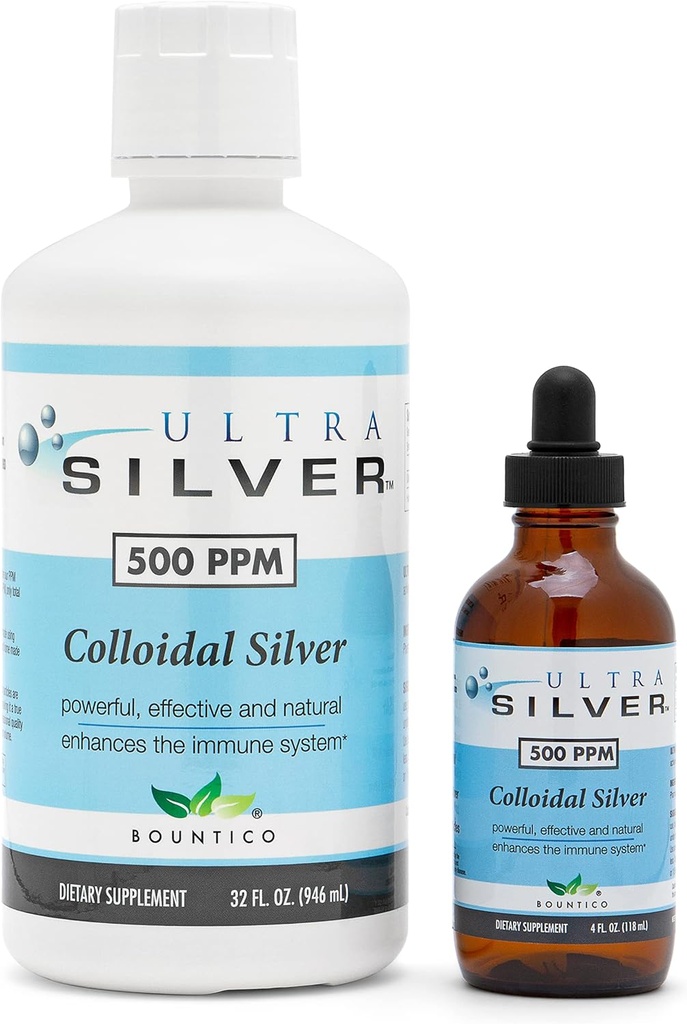 Ultra Silver® Colloidal Silver | 500 PPM, 32 Oz (946mL) | Mineral Tamam | Gerçek Colloidal Silver - 4 oz Dropper Şişe (Empty) Dispensing için dahil!