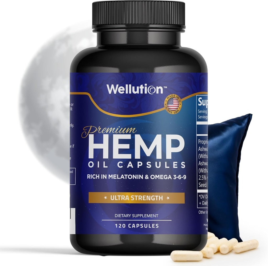 WELLUTION Hemp Oil Capsules - 120 Kont - Stres ve Uyku Desteği Ashwagandha & Melatonin - ABD'de Made in USA