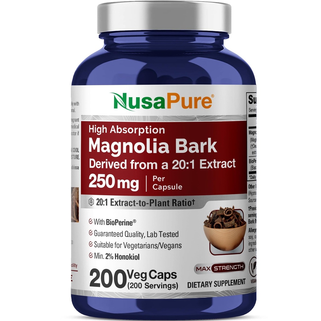 NusaPure Magnolia Bark 20: 1 Extract, 250 mg Ισοδύναμο με 5.000 mg 200 Vegan Vegan Vegetarian Capsules Non-GMO