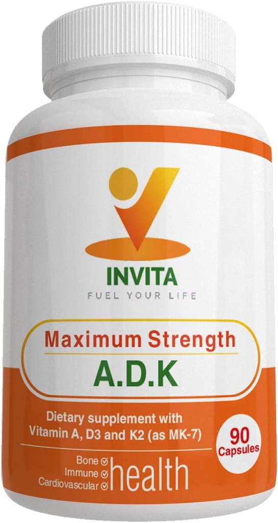 INVITA ADK - Βιταμίνες A1, Βιταμίνη D3 5000 IU & K2 MK7 συμπλήρωμα - Φυσικός Formulated Οστό & ανοσοποιητικό σύστημα Υποστήριξη - Χωρίς γλουτένη, Μη ΓΤΟ - 90 Χορτοφαγικές κάψουλες για άνδρες & γυναίκες