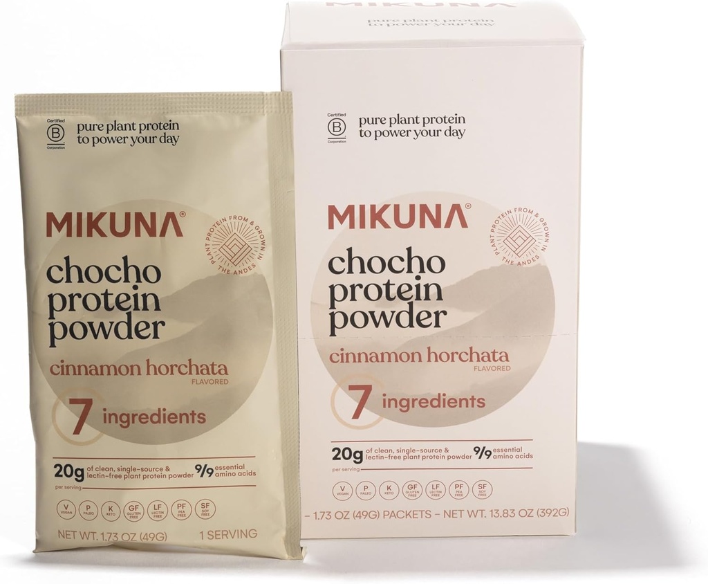 Mikuna Chocho Superfood Protein, Φυτική Σκόνη Πρωτεΐνης - Vegan, Χωρίς Γλουτένη, 3g Καθαρά υδατάνθρακες ή λιγότερο, και Βιοδιαθέσιμη, Μη Απομονωμένη (8 Μερίδες, Κανέλα Χορτσάτα)