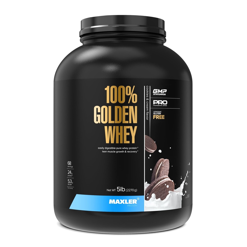 Maxler 100% Golden Whey Protein - 24g of Protein per Serving - Whey Protein Powder for Pre Post Workout - Fast-Absorbing Whey Concentrate, Isolate & Hydrolysate Blend - Cookies & Cream 5 lb