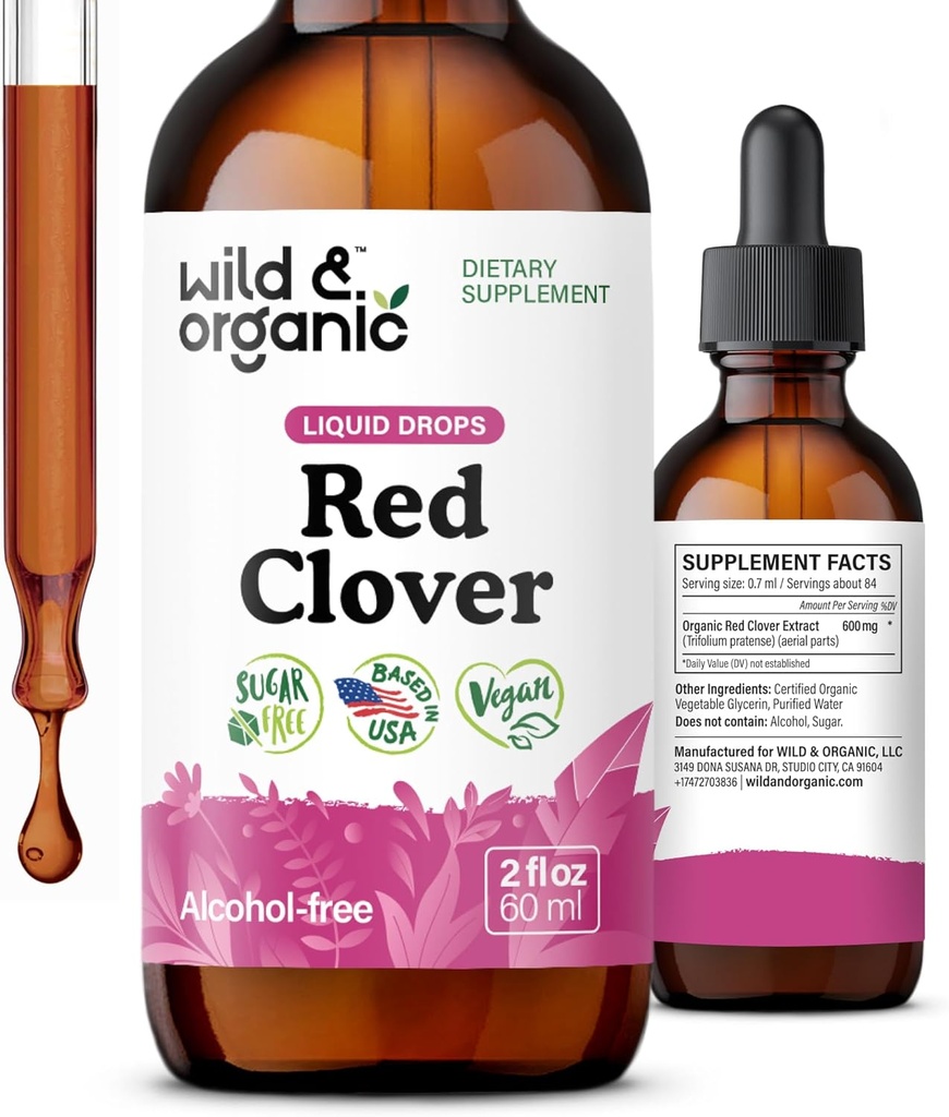 Wild & Organic Red Clover Extract Drops - Kadınlar için Menopause Supplements - 600 mg Sıvı Red Clover Tincture - 1-Month Supply - Trifolium Pratense - Sugar & Alkol Free - 2 oz