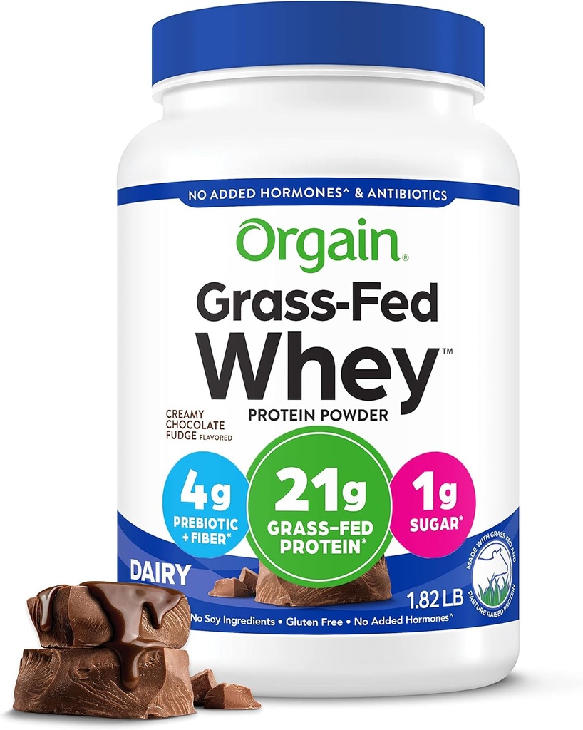Orgain Whey Protein Powder, Creamy Chocolate Fudge - 21g Grass Fed Dairy Protein, 5g BCAAs, 4g Prebiotic Fiber, No Sugar Added, No Added Hormones, Gluten Free, Kosher, For Shakes & Smoothies - 1.82lb