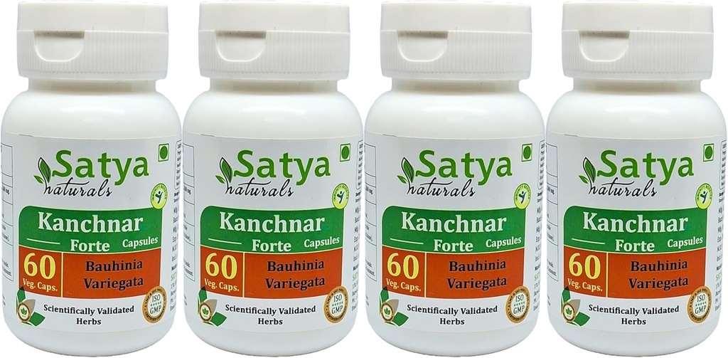 Kanchnar Forte Capsules 500 mg. 60 Veg. Capsule | Kanchnar (Bauhinia Variegata) Extract Capsules for Men and Women | Ayurvedic Herbal Supplement/Remedies | 10:1 Forte (4 Bottles of 60 Capsules)
