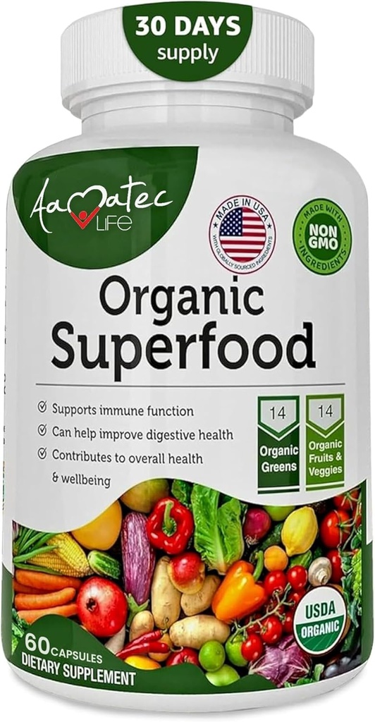 Βιολογικά Superfood Greens Fruits and Veggies Complex - Συμπλήρωμα διατροφής με 14 Πράσινα και 14 Φρούτα & Λαχανικά με Αλφάλφα πλούσια σε Αντιοξειδωτικά Βιολογικά Συστατικά Μη ΓΤΟ 60 Κάψουλες