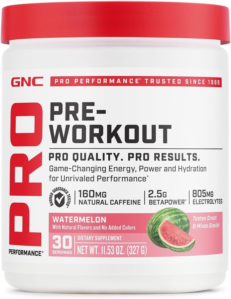 GNC Pro Performance Pre Workout Toz for Men and Women, Energy, Hydration, and Focus, Sugar Free, Gluten Free, Performance Supplement, Watermelon, 30 Hizmet