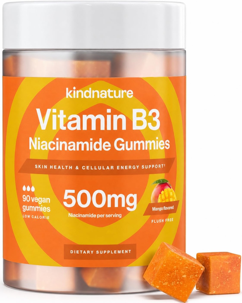 B3 Niacin Gummies - Flush Free Niacinamid 500 mg Supplement - Vegan, Non-GMO, Low-Calorie, Gluten-Free, Soy-Fee, 3rd Parti Lab Test Edildi - 1 Ay Supply, 90 Chewable Gummies