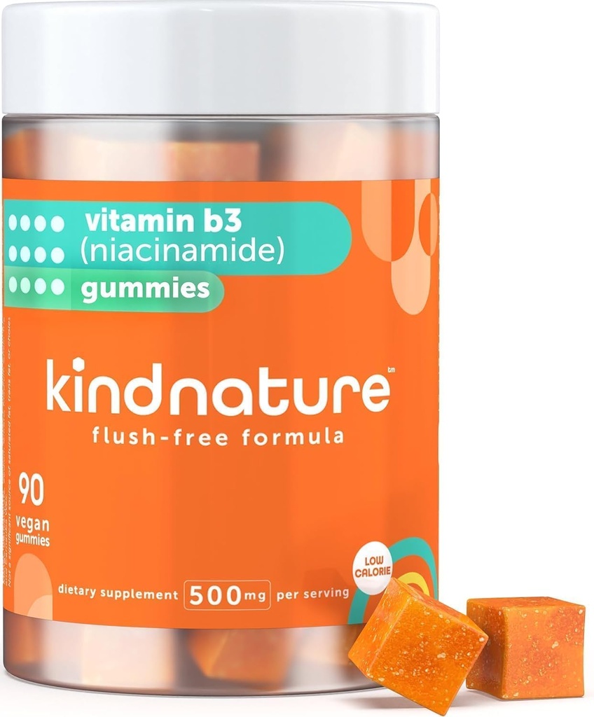 B3 Niacin Gummies - Flush Free Niacinamid 500 mg Supplement - Vegan, Non-GMO, Low-Calorie, Gluten-Free, Soy-Fee, 3rd Parti Lab Test Edildi - 1 Ay Supply, 90 Chewable Gummies