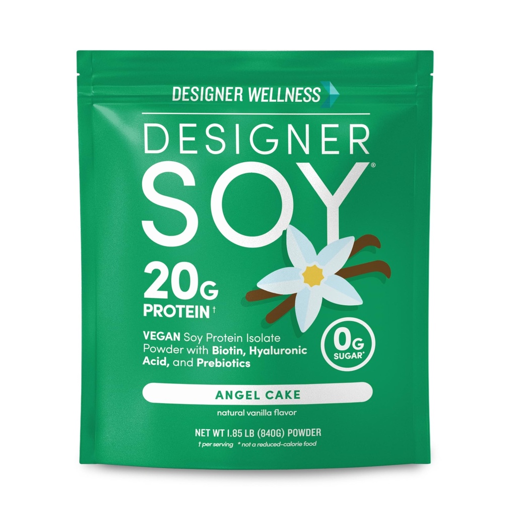 Designer Wellness, Soy Isolate Protein Powder with Biotin, Hyaluronic Acid, and Prebiotics, Vegan, 0 Sugar, Non-GMO, Angel Cake Vanilla, 1.87 lb
