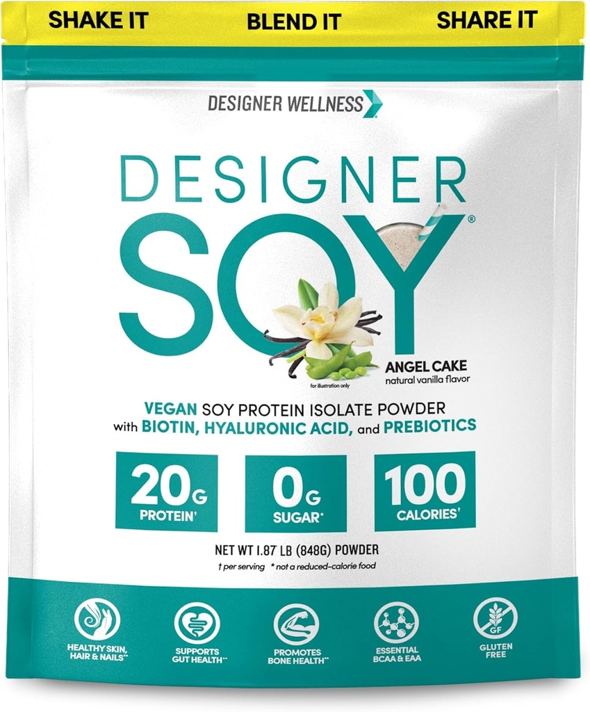 Designer Wellness, Soy Isolate Protein Powder with Biotin, Hyaluronic Acid, and Prebiotics, Vegan, 0 Sugar, Non-GMO, Angel Cake Vanilla, 1.87 lb