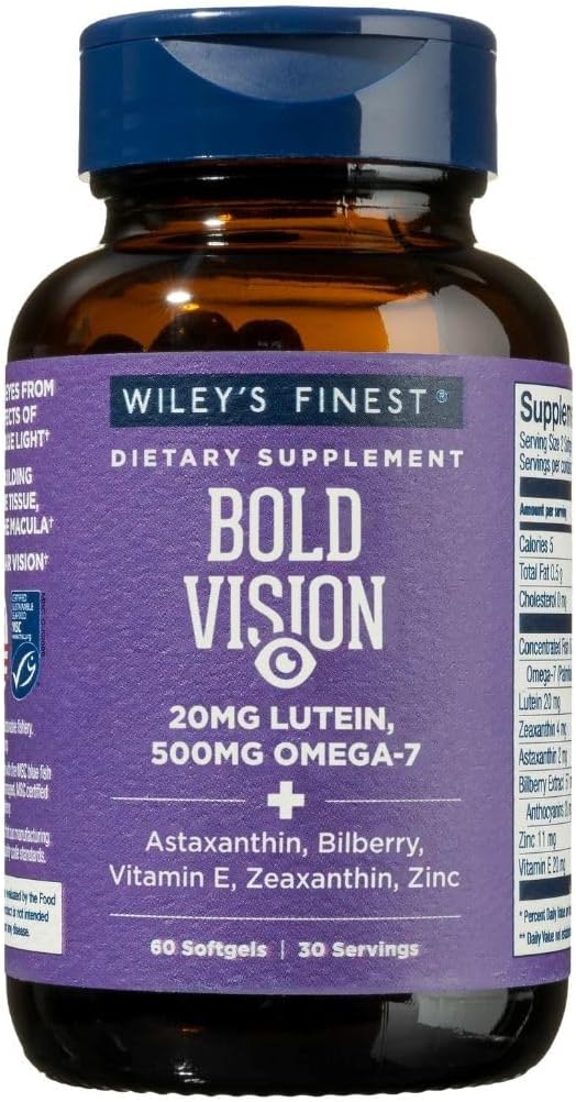 Wiley's Finest Wild Alaskan Fish Oil Bold Vision - Fish Oil Eye Health Supplement with Lutein, Zeaxanthin, Bilberry, Omega-7, Vitamin E, ve çinko - 60 Softgels (30 hizmet)