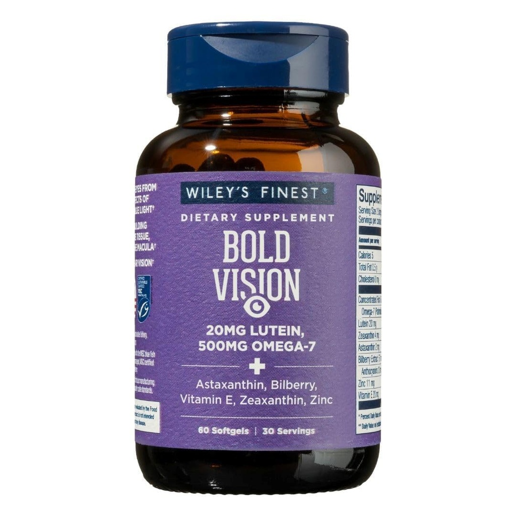 Wiley's Finest Wild Alaskan Fish Oil Bold Vision - Fish Oil Eye Health Supplement with Lutein, Zeaxanthin, Bilberry, Omega-7, Vitamin E, ve çinko - 60 Softgels (30 hizmet)