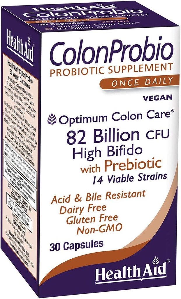 HealthAid ColonProbio 82 Δισεκατομμύρια με προβιοτικό, 14 Strains, Once Daily, 30ct, Optimum Colon Care, Acid & Bile Resistant, Γαλακτοκομικά, Χωρίς Γλουτένη, Μη ΓΤΟ