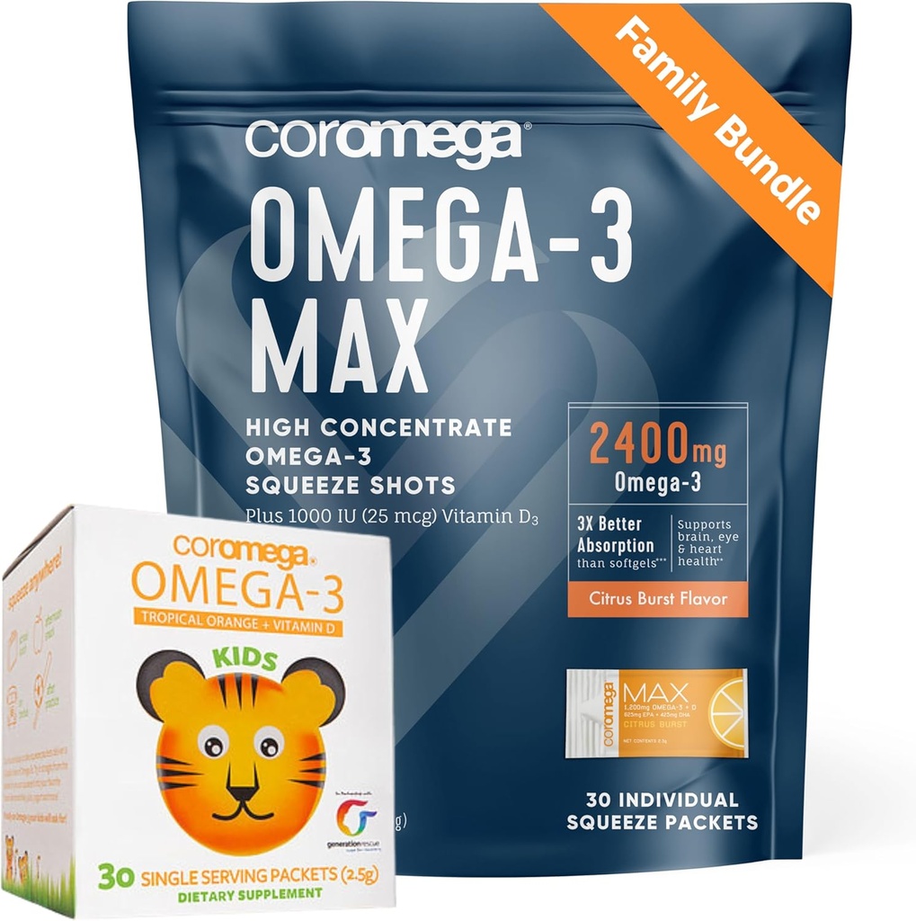 Coromega Family Sche – Omega-3 Fish Oil for Yetişkinler & Çocuklar (60 Squeeze Packets) 2400 mg/650 mg Omega-3 + Vitamin D, 3X More Abxia Than Pills, No Fishy Aftertaste, Citrus Burst & Tropikal Orange