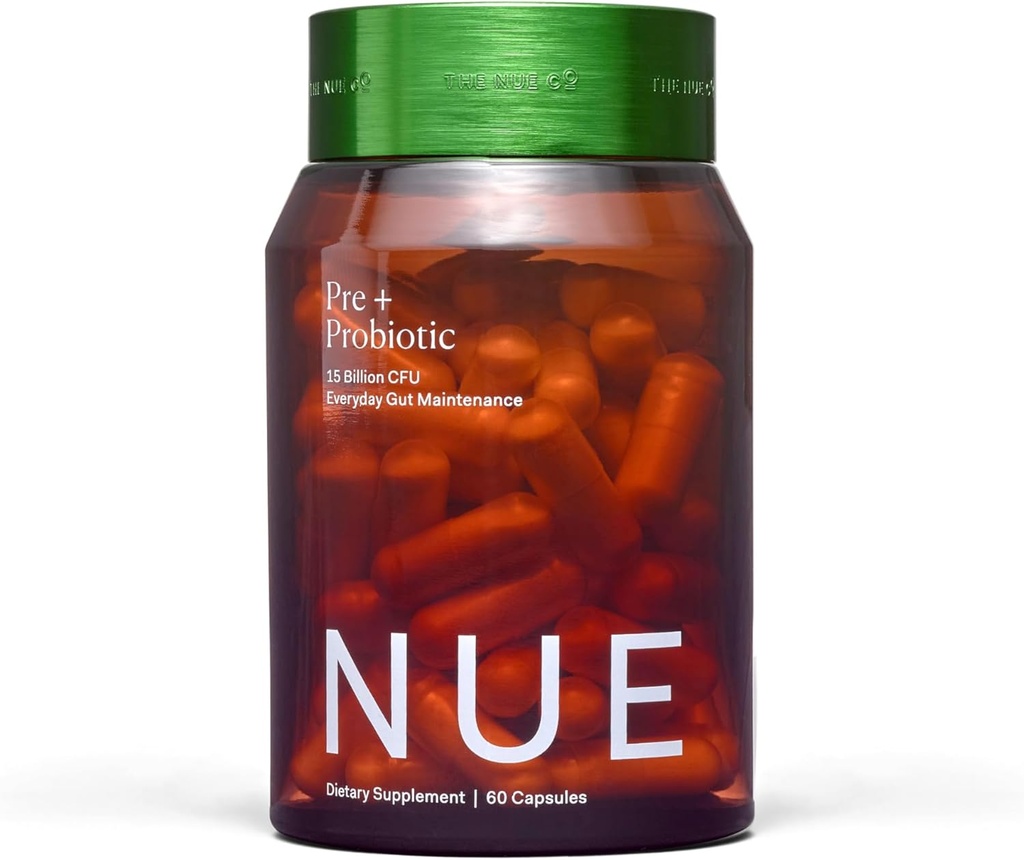 Nue Co. PREBIOTIC + PROBIOTIC Supplement, Destekler Gut Health, Synbiyotik ve Spore bazlı, IBS Relief, Immunity, and Skin, Vegan, Gluten Free, 60 Capsules