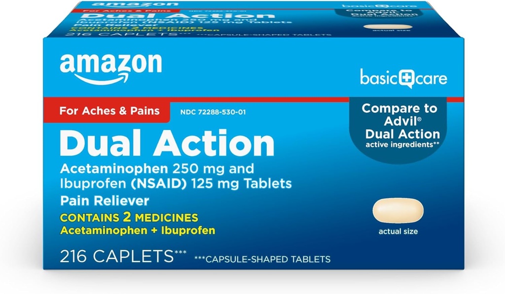 Temel Bakım Dual Action Acetaminophen 250 mg ve Ibuprofen (NSAID) 125 mg Tablet, 216 Count