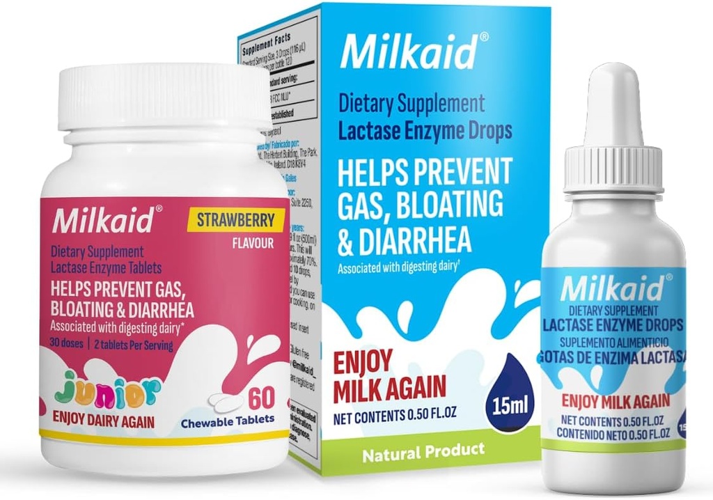 Sütaid Junior Lactase Enzyme, Lactose intolerance | Engeller Gaz, Bloating, Diarrhea in Children / Fast Acting Dairy Digestive Supplement for Kids| Strawberry Flavor | 60 ct (2)