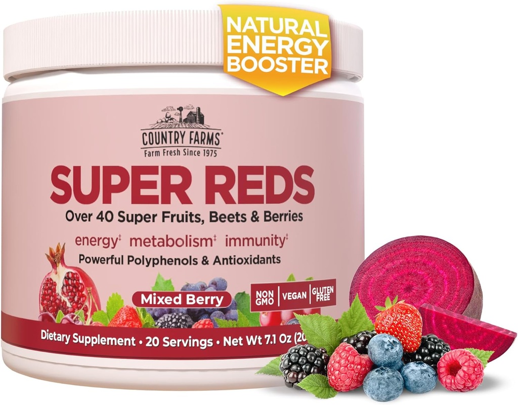 ΧΩΡΑ FARMS Super Reds, Energizing Polyphenol Superfood, 48 Σούπερ Φρούτα και μούρα, Ισχυρά Αντιοξειδωτικά και Πολυφαινόλες, Υποστηρίζει την ενέργεια, 20 Υπηρεσίες, Μικτή Γεύση Berry