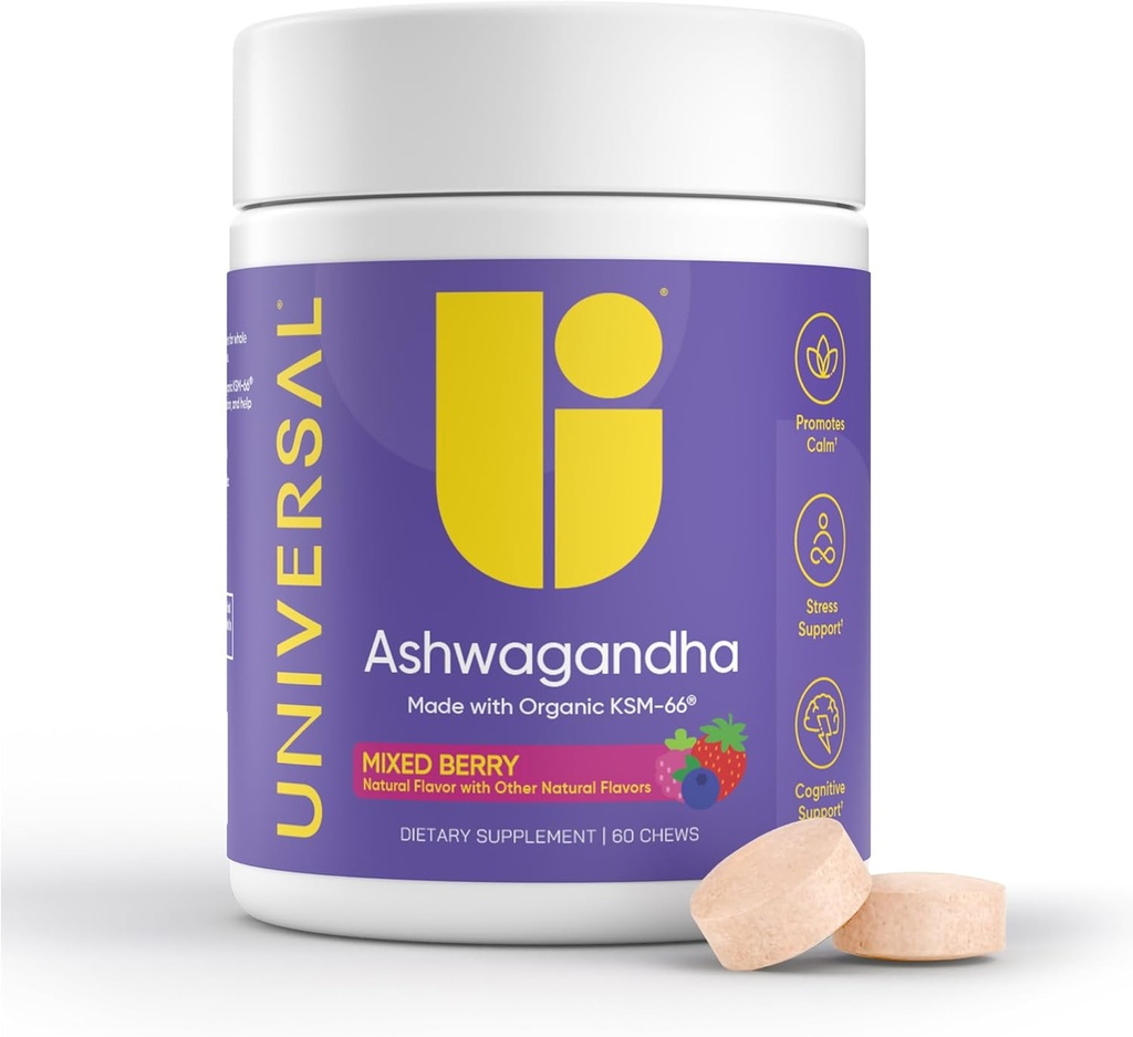 Ashwagandha KSM-66 Chews - καθημερινό άγχος, γνωστική λειτουργία και Mood υποστήριξη Chewable συμπλήρωμα, Bioδιαθέσιμο πλήρες φάσμα KSM66 Ashwagandha εκχύλισμα ρίζας, ηρεμία & χαλάρωση – μικτή μούρο, 60 κόμης