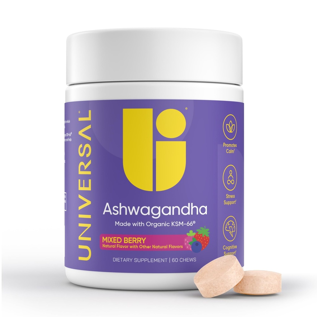 Ashwagandha KSM-66 Chews - καθημερινό άγχος, γνωστική λειτουργία και Mood υποστήριξη Chewable συμπλήρωμα, Bioδιαθέσιμο πλήρες φάσμα KSM66 Ashwagandha εκχύλισμα ρίζας, ηρεμία & χαλάρωση – μικτή μούρο, 60 κόμης