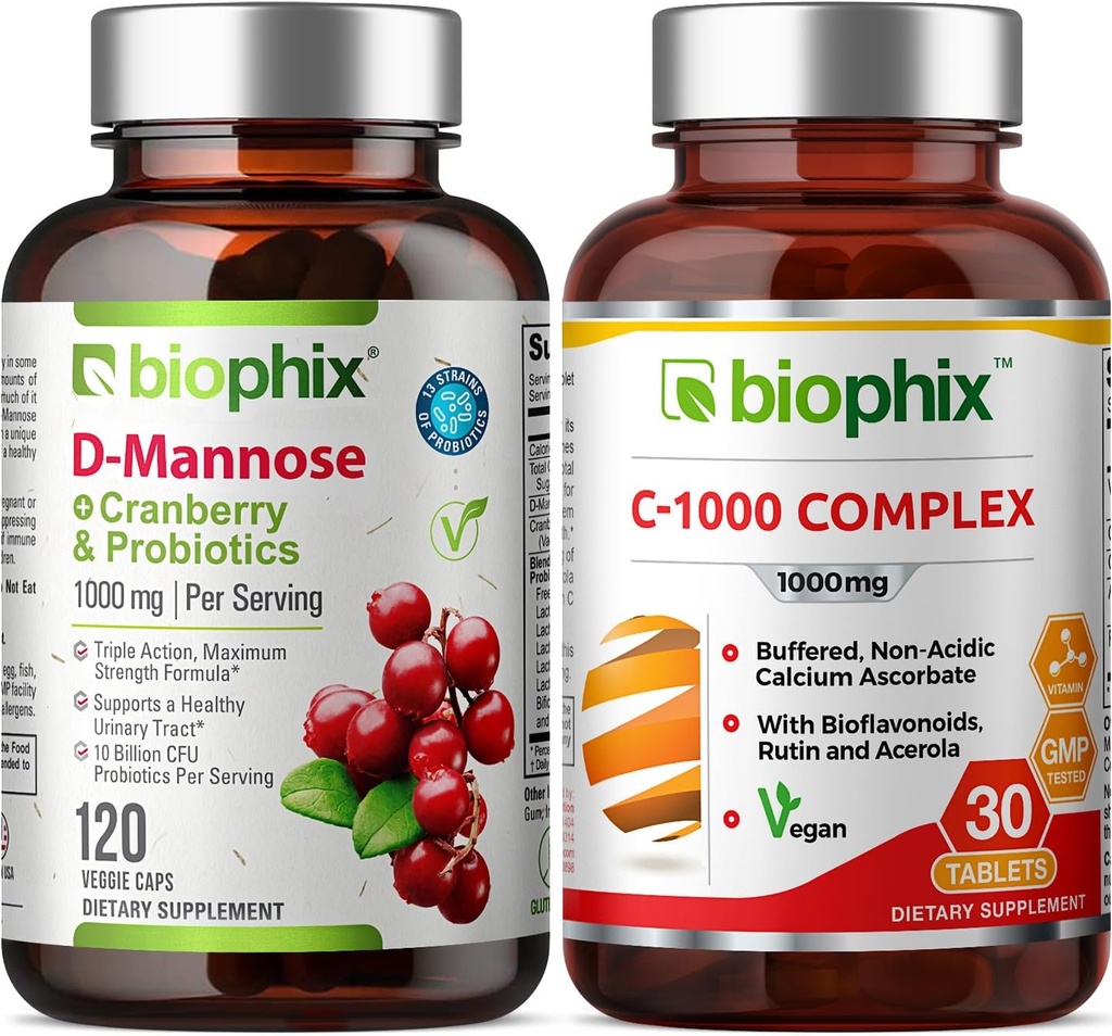 Biophix D-Mannose Plus Cranberry Probiyotiks 1000 mg 120 Vcaps - Free Vitamin C-1000 30 Tablet - Destekler Urinary Bladder Tract Health and Digestive Well Being