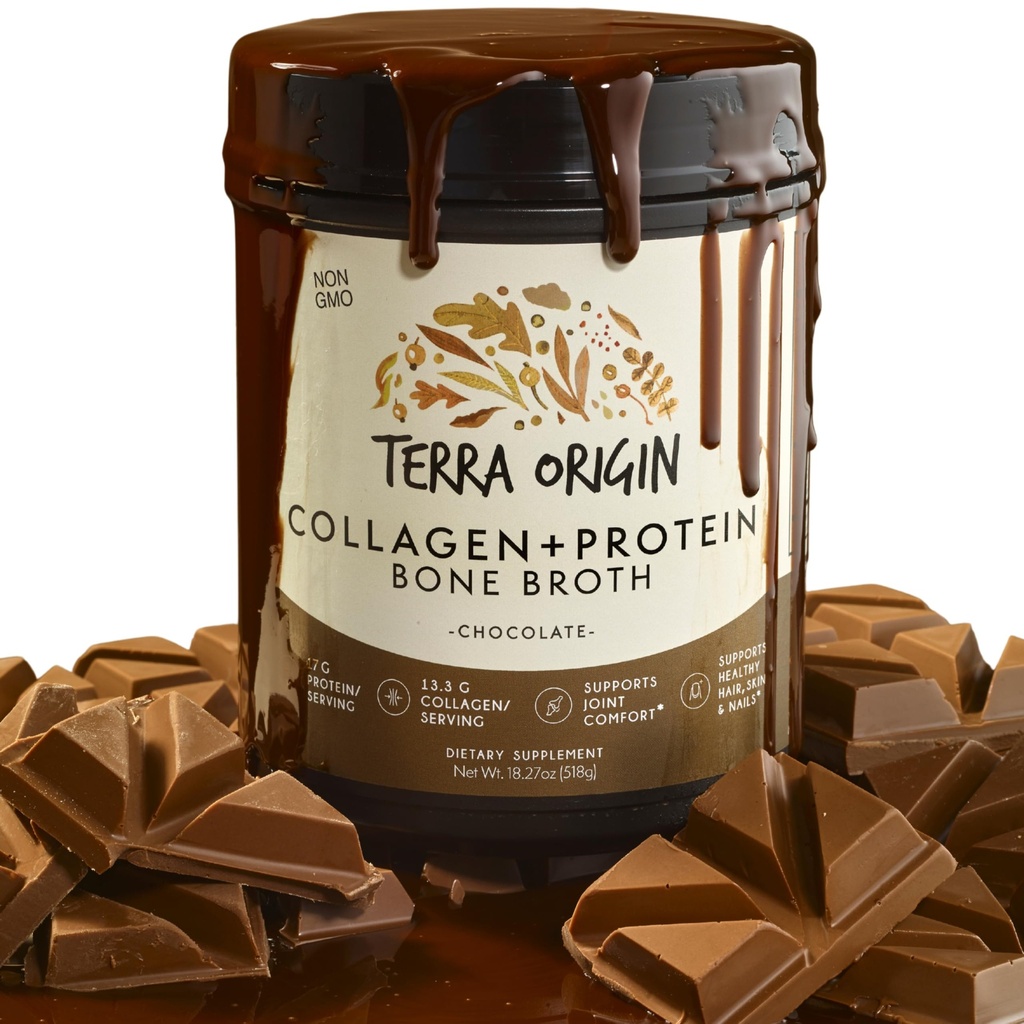 TERRA ORIGIN Collagen Hydro Toz | Bone Broth Hydrolized Collagen Type I ve III Protein Supplement | for Women and Men Saç, Skin, Nail ve Ortak Destek | Chocolate (20 Servisler)