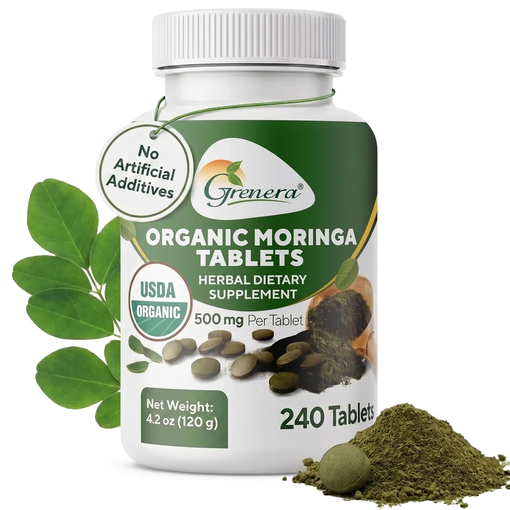 Grenera Moringa Δισκία 240 nos, Μη επιχρισμένο συμπλήρωμα βότανου Malunggay, Χωρίς Χημικό Επίστρωμα, Πράσινο Superfood, Εργαστήριο που έχει δοκιμαστεί για καθαρότητα