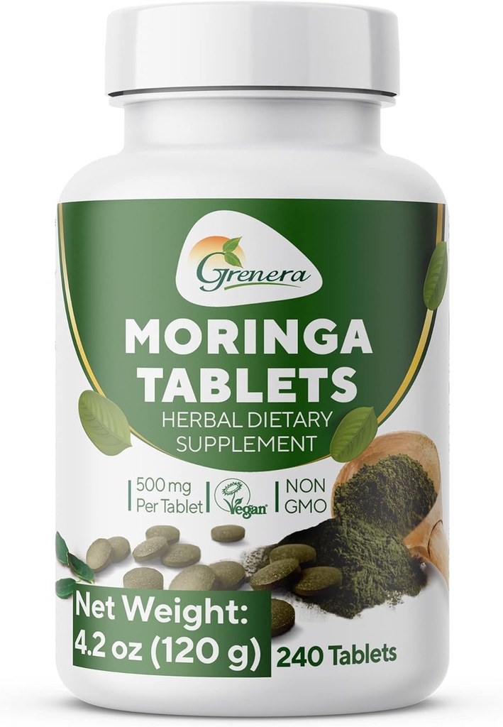 Grenera Moringa Tabletleri 240 nos, Uncoated Malunggay Herbal Supplement, No Chemical Machinery, Green Superfood, Lab Tested for Sapphire
