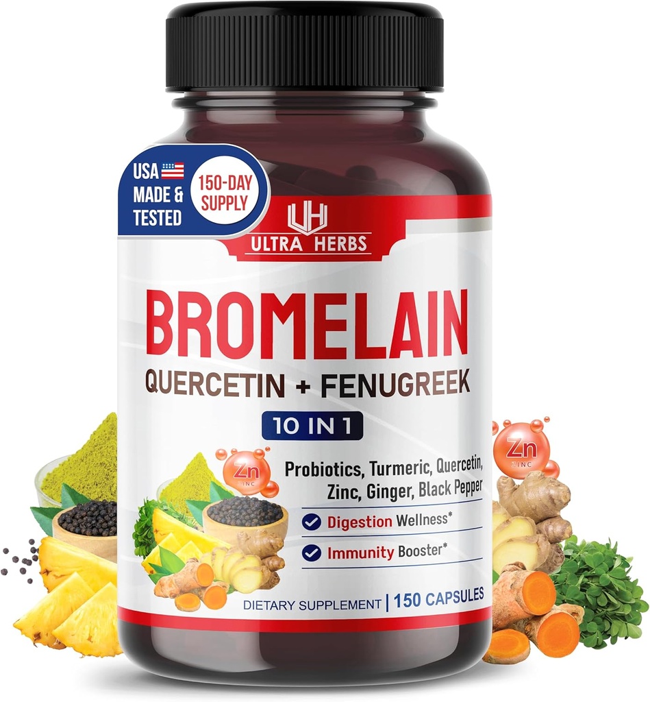 Bromelain Supplement with Quercetin, Zinc, Fenugreek, Turmeric, Ginger, Black Pepper & Probiotics - Supports Digestion, Joint Health & Nutrient Absorption | 150 Capsules