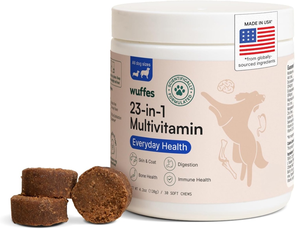 Wuffes 23-σε-1 Dog Multivitamin Supplement for Hip & Joint, Skin & Coat and Immune System Support with Omega 3, Iron, Zinc, Vitamin C - Minerals & Vitamins for Senior Dogs and Puppies - 30 Μαλακά μάσημα