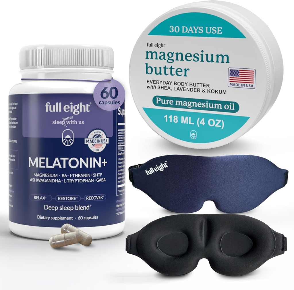 Sleep Bundle: 3D Light Blocking Sleep Mask, Melatonin+ Fast Dissolve Melatonin Συμπληρώματα 60 Καψάκια, και Μαγνήσιο Βούτυρο Σώματος για τα Δεμένα Πόδια & Σφιχτοί Μύες, 4oz Κρέμα