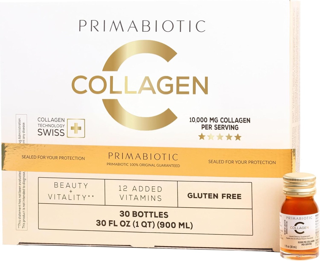PRIMABIOTIC Liquid Collagen - High Collagen Content [10.000 Mg] Per Servis - Hydrolyzed Collagen ve 12 Vitamin - Gluten Free- 900 Ml - 30 Şişe x 30 Ml (1)
