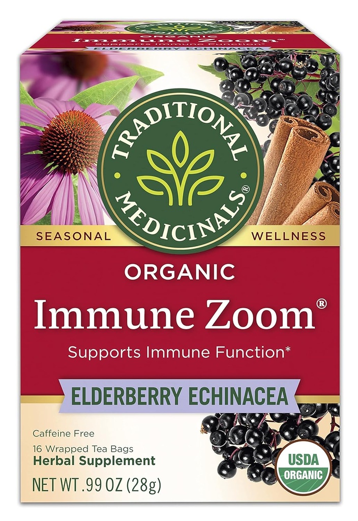 Geleneksel Medicinals, Organik Immune Zoom Echinacea Elderberry Tea Immune Elderberry, 16 Count (Pack of 2)