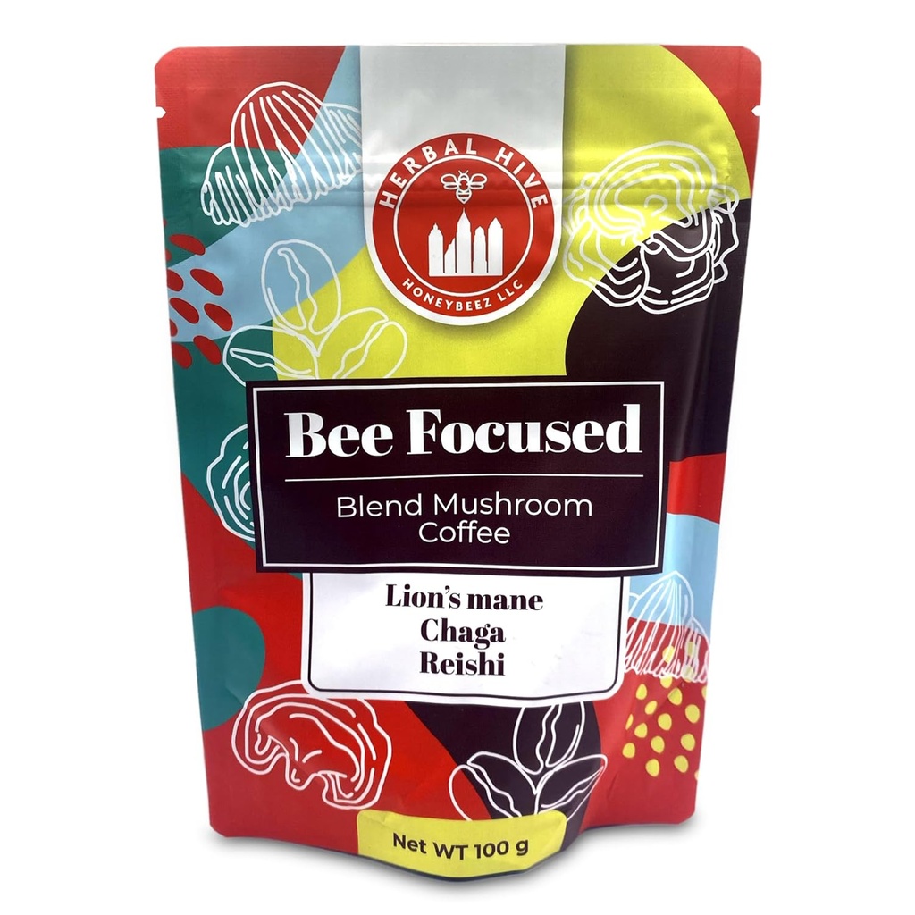 Mushroom Coffee Tarafından Herbal Hive Bee Focused Adaptogens Reishi, Lion's Mane ve Chaga Superfood Low Acid Instant 30 Servisler (3.5 oz, Dark Roast)