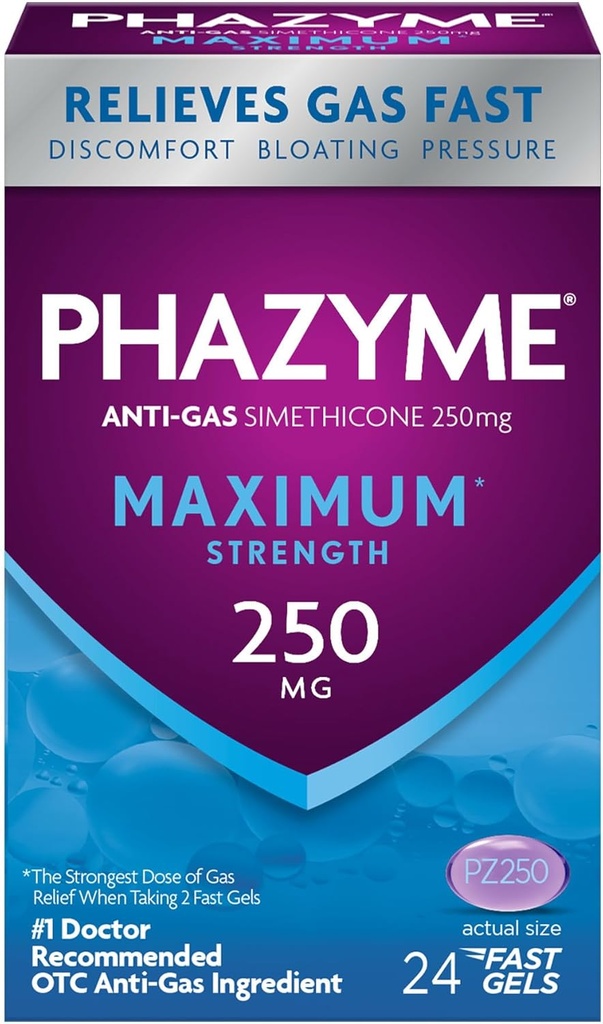 Phazyme Maksimum * Güçlü Anti-Gas 250 mg Simethicone Gas Relief for Yetişkinler, Hızlı Gels Hızlı Ease Bloating, Basınç & Discomfort, 24 Count