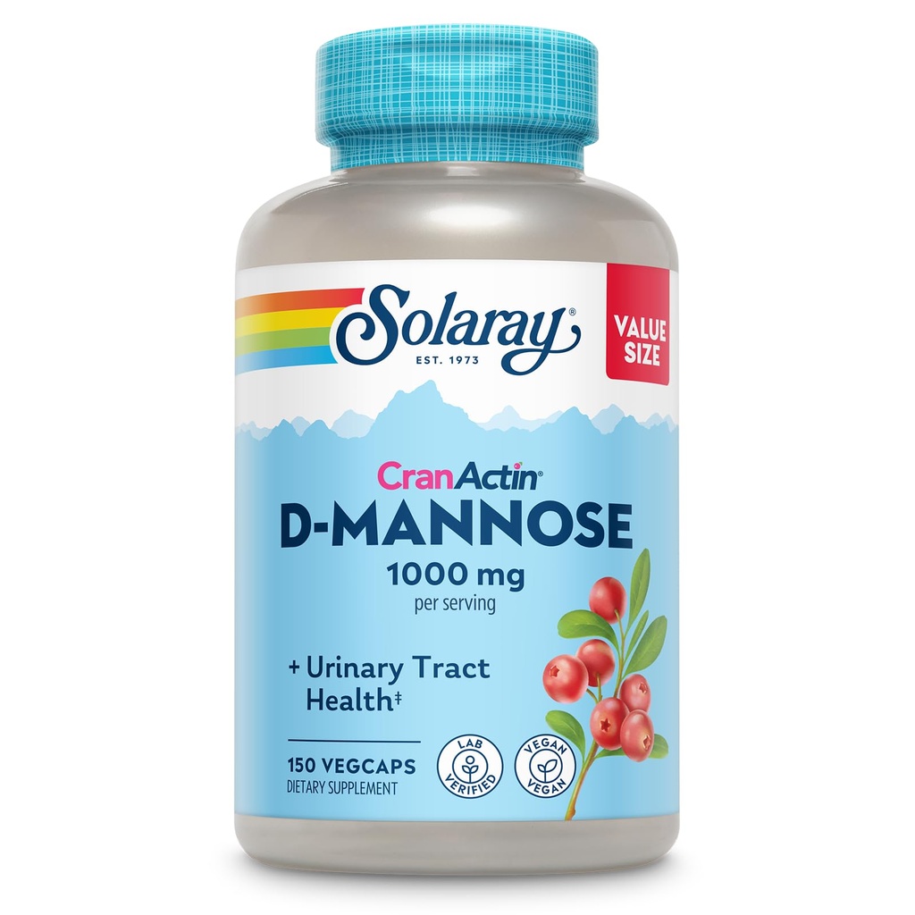 Solaray D-Mannose 1000 mg with CranActin Cranberry Supplement 400 mg, Urinary Tract Health & Bladder Support Capsules with Vitamin C, Vegan, 60 Day Garanti, 75 Hizmet, 150 VegCaps