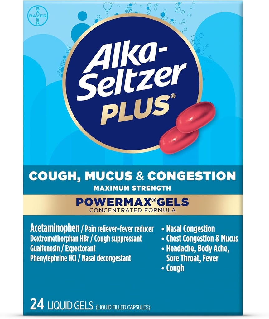 Alka-Seltzer Plus Maksimum Güçlü Cough, Mucus & Congestion Powermax Liquid Gels, Hızlı ve Etkili Göğüs Kongestasyon Yardımı, Cough Suppressant, For Yetişkinler and Children 12 Years and Older 24 Count