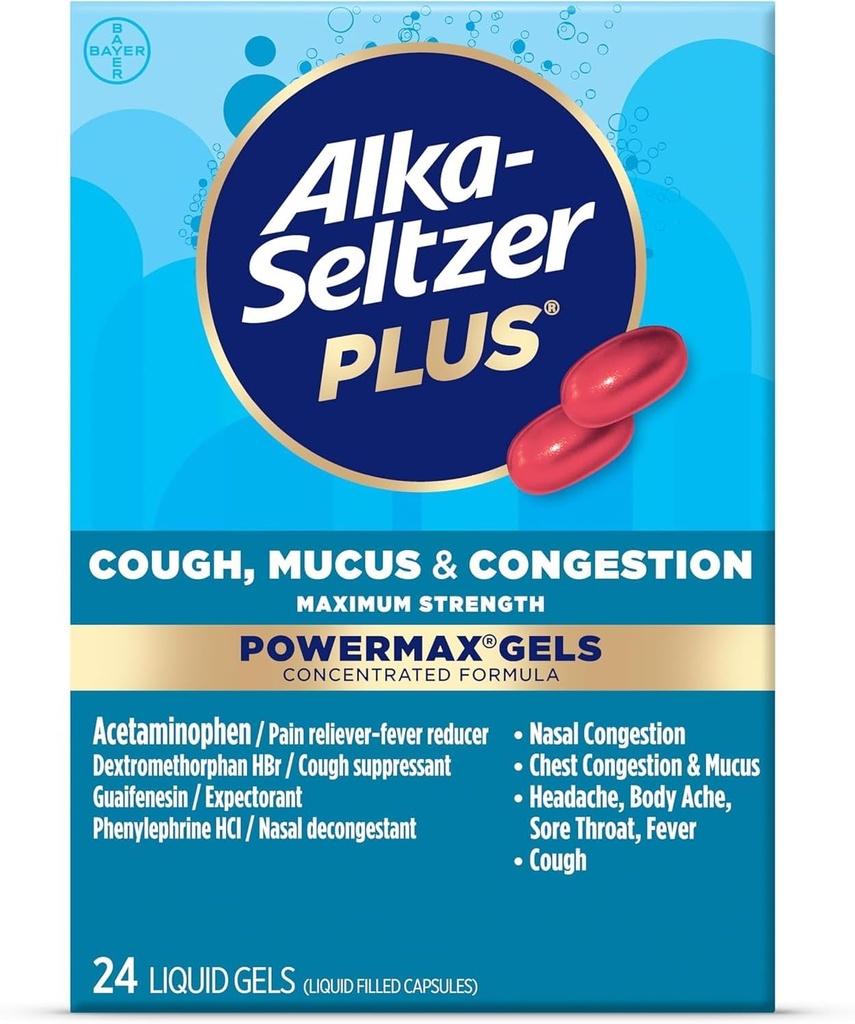 Alka-Seltzer Plus Maksimum Güçlü Cough, Mucus & Congestion Powermax Liquid Gels, Hızlı ve Etkili Göğüs Kongestasyon Yardımı, Cough Suppressant, For Yetişkinler and Children 12 Years and Older 24 Count