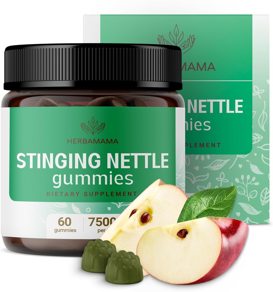 HERBAMAMA Nettle Gummies - 7500 mg Urinary Tract Support for Women & Men - Vegan, Non-GMO Urtica Dioica Supplement - 60 Pectin-Based Apple-Flavored Chews