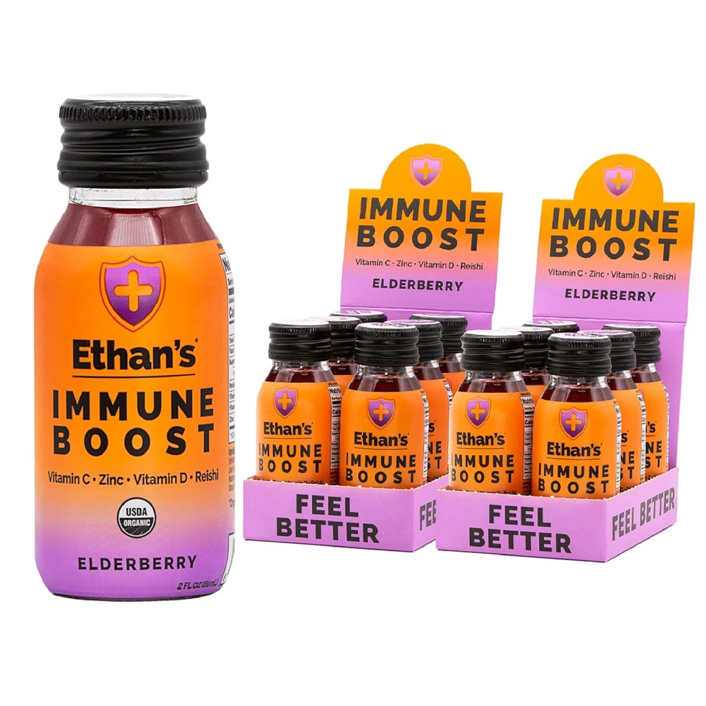 Ethan'ın Organik Immune Boost Shots, Elderberry Flavor. Daha iyi hissedin. Immunity Support, Real Fruit, Vitamin C, Vitamin D, Reishi, çinko, Nodrew Sugar (12 Pack of 2oz Shots)