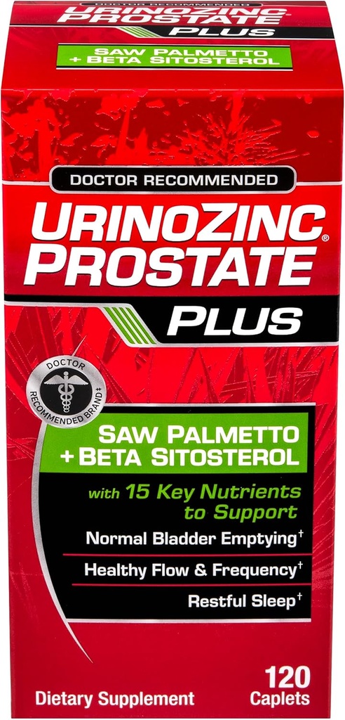 Urinozinc Prostate Plus, Saw Palmetto & Beta Sitosterol Supplement for Men, Reduce Frequent Urination (2 Month Supply, 120 Count)