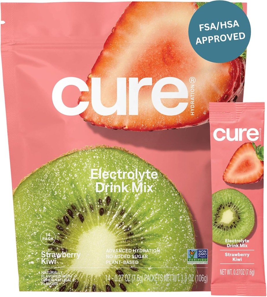 Cure Hydration | Plant-Based Electrolyte Drink Mix | Nodrew Sugar | FSA-HSA | Dehidrasyon Yardımı Tuvalet Su ile Yaptı | Non-GMO | Vegan | Pouch of 14 Packets - Strawberry Kiwi